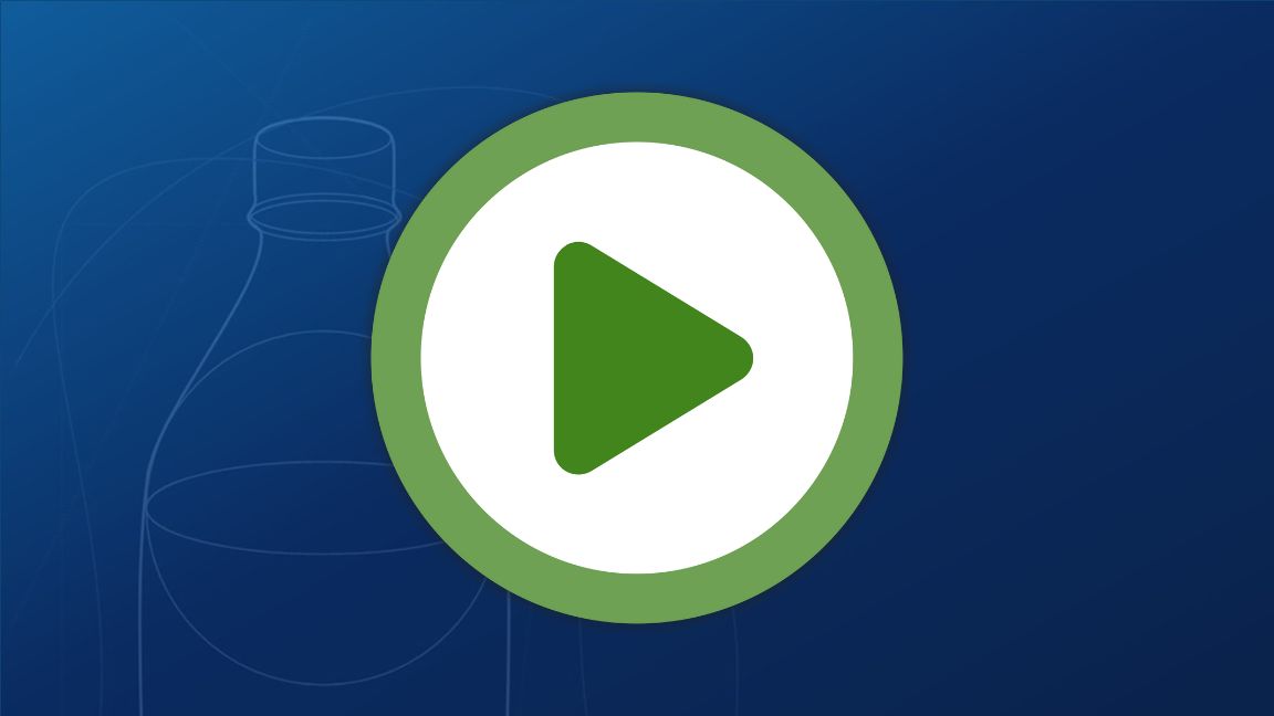A green play button over an outline of a bottle on a blue background