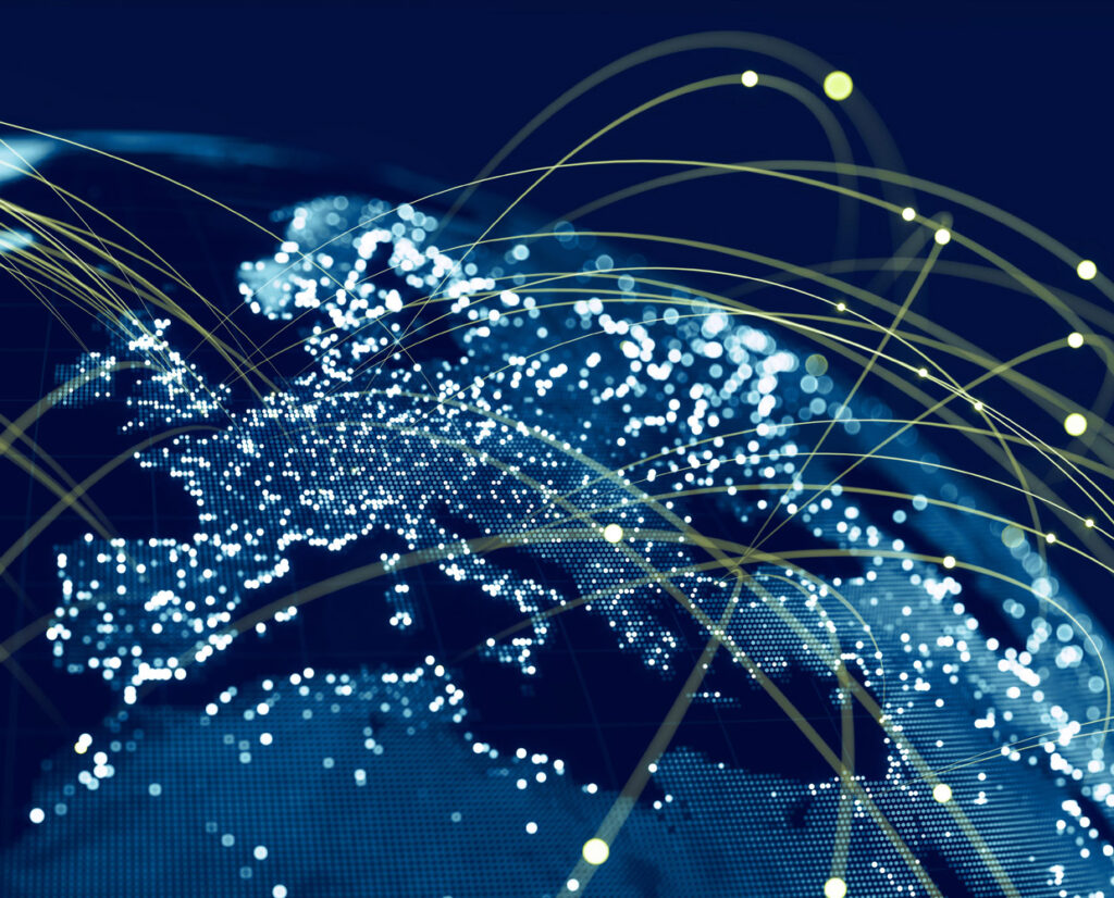 blue globe with bright yellow lines connecting cities.