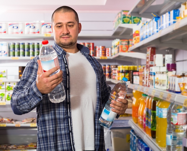 photo of a man choosing bottled mineral water at a grocery store