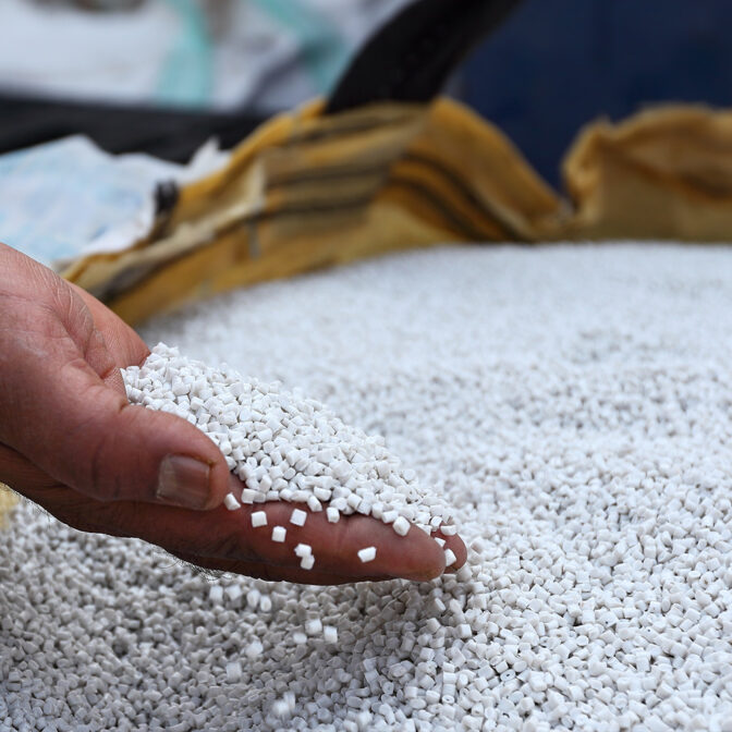 a hand holding white pellets