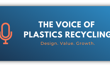 microphone graphic and text that says "the voice of plastic recycling design. value, growth" on a blue background