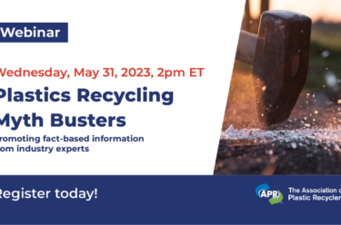 hammer breaking glass and text that promotes the Plastic Recycling Myth Busters webinar