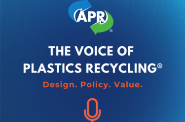 APR logo and a microphone with text that states "the voice of plastic recycling" and "design. policy. value."